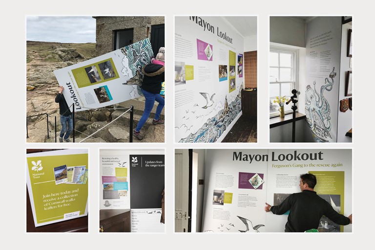 graphic, panels, fabrication, Mayon Lookout, Sennen, Cornwall, Cliffs, Blue skies, sea, ocean view, ferguson gang